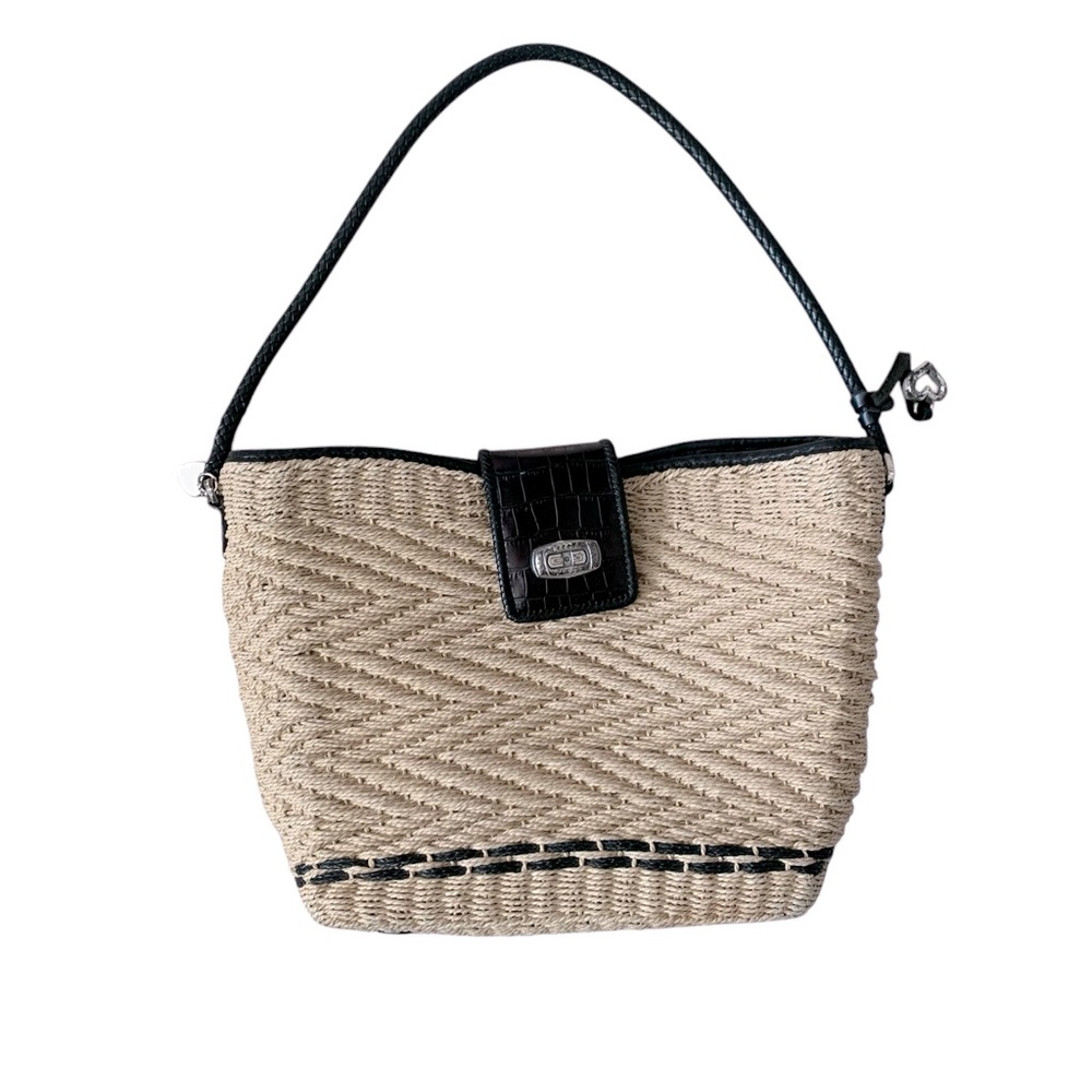Brighton Water Lily Straw Handbag Moc Croc Closure Floral Lined Hand Bag